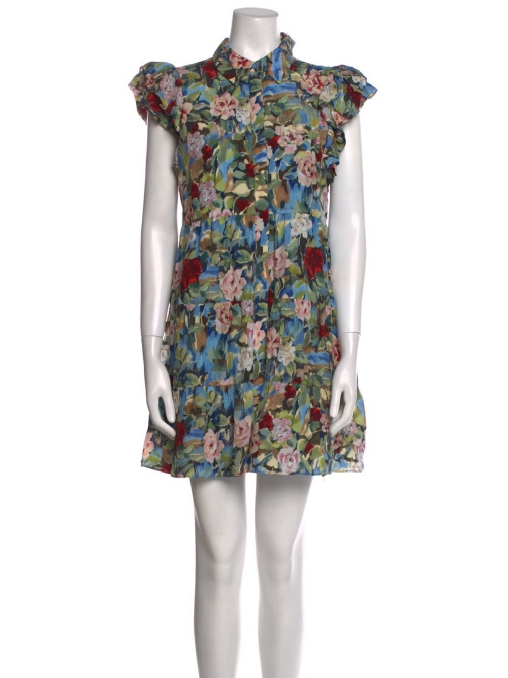Alice + Olivia Floral Ruffle Cap-Sleeve Dress in Green Blue Multi